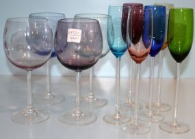 Set of Four Dotted Goblets in Various Colors, and Set of Six Champaigne Glasses