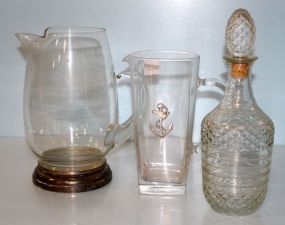 Glass Water Pitcher with Silver Plate Rim, Pitcher with Anchor Dcor, and Decanter