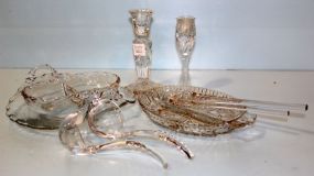 Pair Candlesticks, Two Crystal Ladles, and Pair Stir Sticks, and Three Dishes