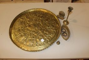 Decorative Brass Wall Plaque, Indian Head Bookend, Candlestick, Small Oval Basket, and Bell