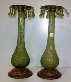 Pair Green Cut Glass Candlesticks