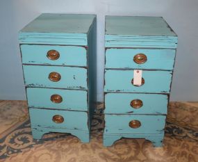 Pair of Hand Brushed Distressed Pointed Turquoise Blue Four Drawer Stands