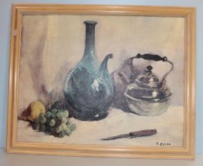 Framed Oil on Cavas of Fruit and Teapots