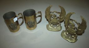 Two Brass Mugs and Pair of Eagle Bookends