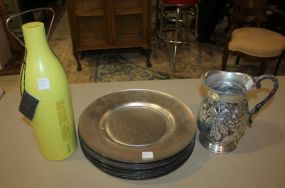 Metal Water Pitcher, Eight Plastic Silver Color Plates, and Syber Wine Bottle Holder