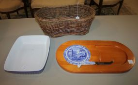 Stoneware Blue and White Porcelain Cheese Plate with Slicer, Bread Basket, and Casserole Dish
