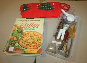 Several Cook Books, Christmas Apron, and Utensils