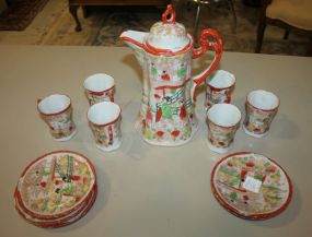 Oriental Design Teapot, Six Cups and Six Saucers