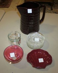 Ovenproof Stoneware Pitcher, Glass Mug, Glass Coasters, Cranberry Sherbet, and Pottery Shell Dish