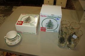 Set of Four Christmas Tree Glasses and Four Glass, Cup/Saucer, Tom and Jerry Mug Set