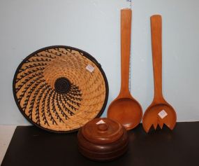 Wall Hanging Basket, Two Large Wood Salad Spoons, and Covered Wood Bowl