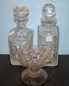 Small Press Glass Compote, Two Press Glass Decanters