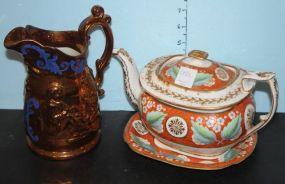 Large Lusterware Pitcher and English Porcelain Teapot with Under plate