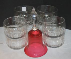 Set of Eight Glass Finger Bowls and Cranberry Bell