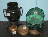 Set of Six Chinese Porcelain Bowls, Round Alabaster Box, Small Brass Leaf, Brass Apple, and Metal Oriental Vase