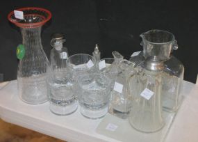 Two Glass Craffes, Four Juice Glasses, Shaker, Cruet, and Pitcher