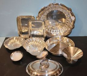 Group of Two Silverplate Trays, Shell Dish, Cover for Tureen, and Divided Dish