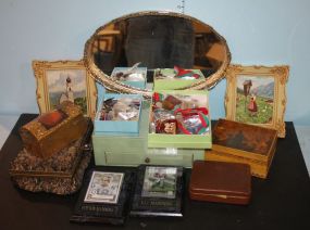 Brocade Jewelry Box, Dresser Mirror, Florentine Boxes, Leather Box, Navy Playing Cards, Key Collection and Vintage Frames