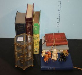 Glass Box with Shelves, Small Porcelain Dogs, Small Vintage Books