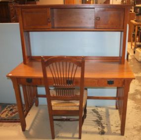 Two Piece Oak Mission Style Desk and Rush Seat Chair