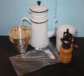 Enamel Teapot, Pepper Grinder, Canister, Forceps, Three Silver Tone Pots