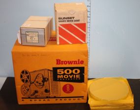 Brownie 500 Movie Projector, Quart Movie Light, and Reels