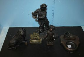 Metal Figure of Fisherman, George Washington Metal Bank, Brass Ship Match Holder, Metal Lion, and Brass Baby Shoe