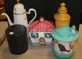 Group of Four Decorative Ceramic Cookie Jars and White Ceramic Electric Coffee Pot.