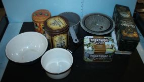 Box Lot of Tins and Enamel Pots