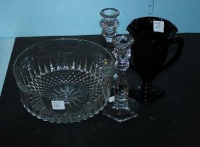 Large Glass Salad Bowl, Two Candlesticks, and Black Amethyst Vase Large Glass Salad Bowl 9