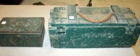 Small Green Tin Box and Wood Box with Interesting Latches Small green tin box 11 1/2