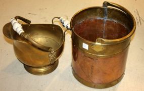 Brass Bucket with Porcelain Handles and Brass and Copper Pail