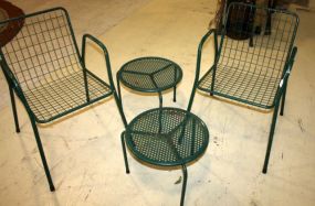 Two Green Metal Arm Chairs and Two Side Tables Two side tables 16