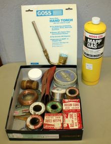 Box Lot Solder wire, hand torch, and can of Goss mapp gas