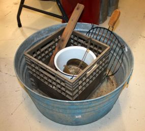 Galvanized Wash Tub, Brass Planter, Porcelain Pot, and Plastic Crate