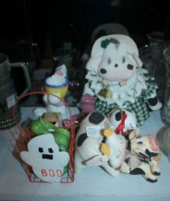 Group of Cow Items, Halloween Basket, Bunny, Small Ewer, and Shoes Basket is 4