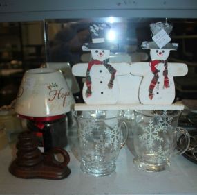 Two Snowflake Mugs, Candlestick, Snowman Holder/Box, Joy Candle