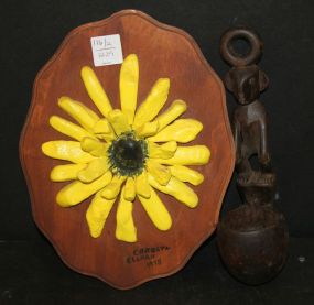 Wood Monkey Dipper and Oval 1975 Wall Plaque of Flower