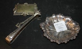Two English Silverplate Nut Dishes, Silverplate Sherry Bottle Label, Silverplate Tongs Nut dishes are leaf formed