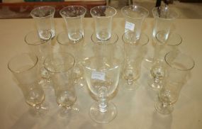 Fourteen Clear Glasses Five etched; 7 1/2