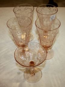 Four Etched Pink Glasses One champagne; 6 1/2