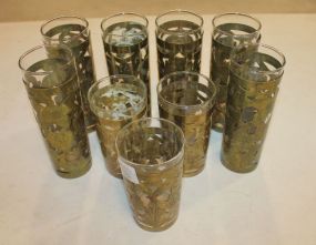 Group of Six Juice Glasses and Three Glasses With brass overlay