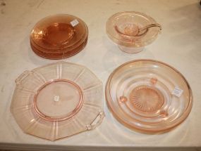 Pink Depression Sandwich Tray, Footed Bowl, Six Etched Pink Plates, Sauce Dish with Dipper Bowl 9