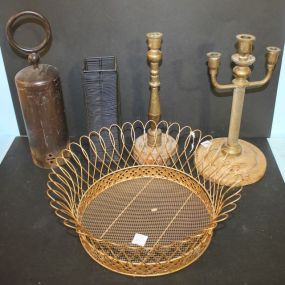 Two Candlesticks, Metal Vase, Metal Bell, Gold Wire Basket Candlesticks 13