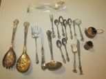 Six Norway Demitasse Silverplate Spoons, Sterling Pickle Fork, Various Small Plated Pieces Salad set, knives
