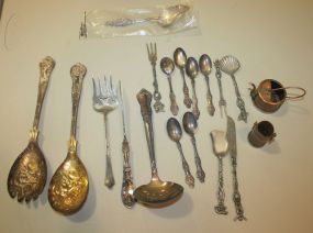 Six Norway Demitasse Silverplate Spoons, Sterling Pickle Fork, Various Small Plated Pieces Salad set, knives