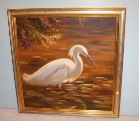 Large Oil Painting of Egret Signed J. Oliver; 41 1/2