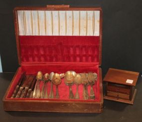 Box Lot of Thirty-seven Pieces of Silverplate and Coaster Box Silverplate is by several makers