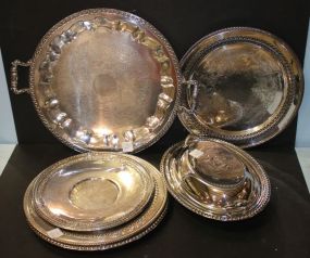 Five Various Size Silverplate Trays and Oval Covered Dish