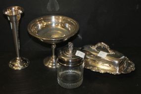 Silverplate Pieces Including butter dish, compote, bud vase, covered jar